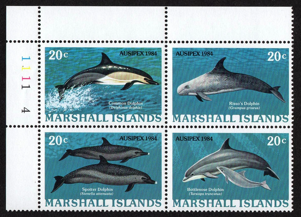 MARSHALL ISLANDS, SCOTT # 54-57 (57A), MNH PLATE BLOCK - DOLPHINS, SEA CREATURES - Image 1 of 1