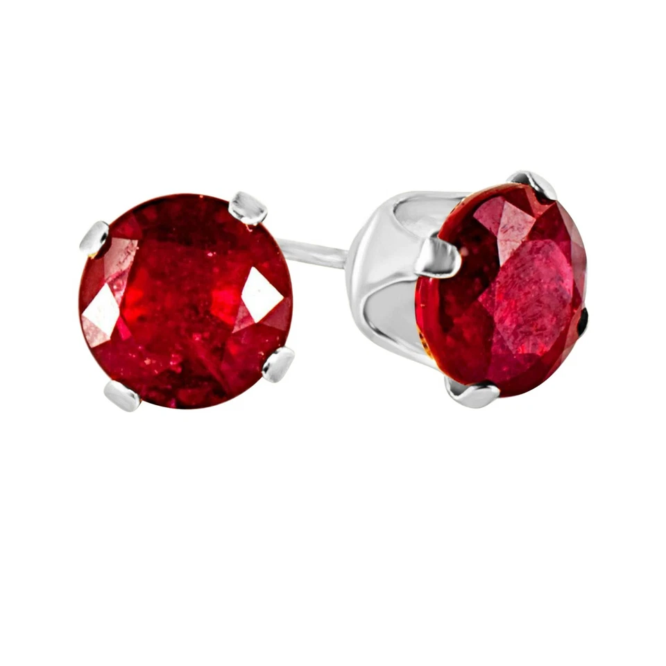 14K WHITE Gold Plated ROUND CUT RED RUBY SOLITAIRE 4-PRONG STUD EARRINGS - Image 1 of 1