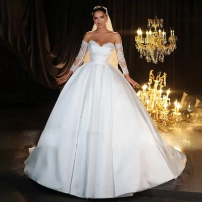 Satin Sweetheart Ball Gown Wedding Dresses Lace Long Sleeves Backless Princess - Image 1 of 4