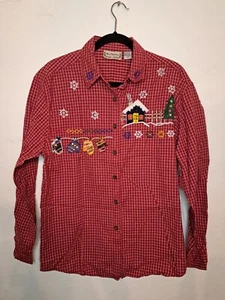 Womens New Direction Red Plaid Holiday Long Sleeve Button Up Medium Cristmas - Picture 1 of 12