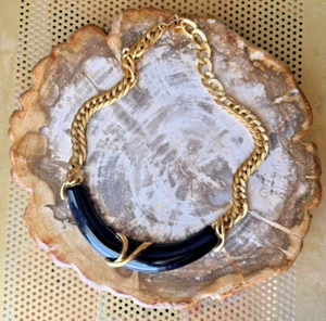 MONET BLACK ACRYLIC CURVED BAR BIB GOLD PLATED NECKLACE VINTAGE 80'S - Picture 1 of 5