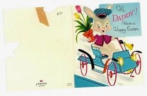 Biglietto Auguri Pasqua Auto Guida Coniglio Tulipani Norcross Vintage Die Cut Usato Glitter - Foto 1 di 4