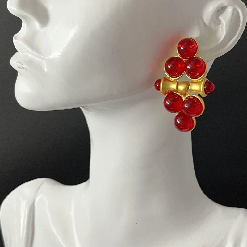 A Pair Revival Earrings Red Glass Matte Gold Pierced Door - Image 1 of 1
