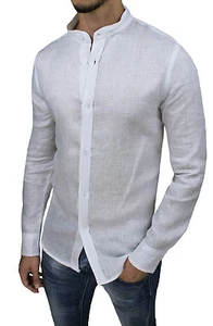 UOMO CAMICIA DI LINO DIAMOND SARTORIALE BIANCA SLIM FIT CON COLLO ALLA COREANA   - Imagen 1 de 3