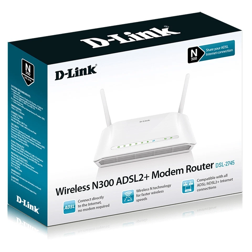 D-Link DSL-2745 Wireless N300 ADSL2+ Modem Router - Bild 1 von 1