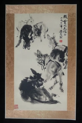 Pintura de papel chino antiguo fino grande burros marca "HuangZhou" Foto 1 de 4