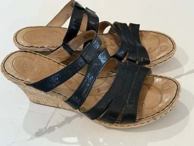 Born Women's Lisi Sandals Size 11 Cork Wedge Heel Strappy Slide Black Leather - Image 1 of 4