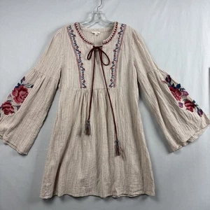 Abito donna cotone blu taglia M ricamato floreale garza nappe boho contadino - Foto 1 di 12