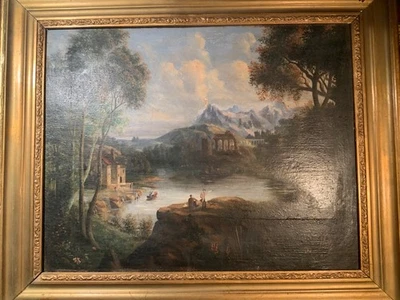 Tableau peinture sur bois XIXème, homme montrant la montagne. Italie 19ème - Photo 1/4