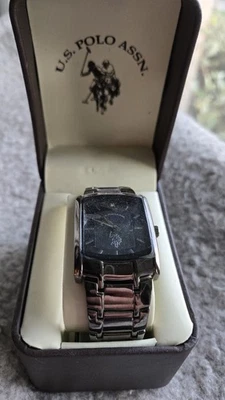 US Polo Assn Quartz Watch Men chrome silver Rectangle New with box  - Image 1 of 3