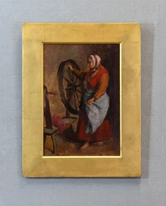 Expressive Antique Oil Painting, 19th Century | Woman at Spinning Wheel - Picture 1 of 12