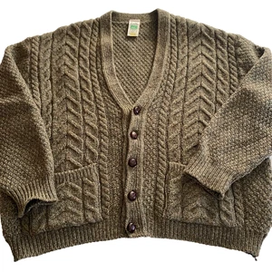 VTG St Michael Chunky Cable Knit Wool Cardigan XL Green UK Made Grandpa Cobain - Picture 1 of 10