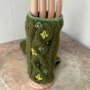 Hand Knit Handwarmers, Wool, Green, Cables, Rhinestones! New! Gorgeous! - Picture 1 of 2