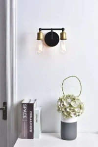 Wall Sconce Brass and Black Industrial Farmhouse Bathroom Kitchen Light Fixture - Picture 1 of 12