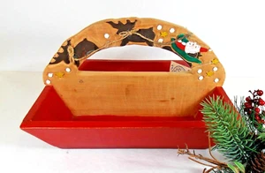 Divided Wood Box Caddy Tote Red Handle Christmas Basket - Picture 1 of 7