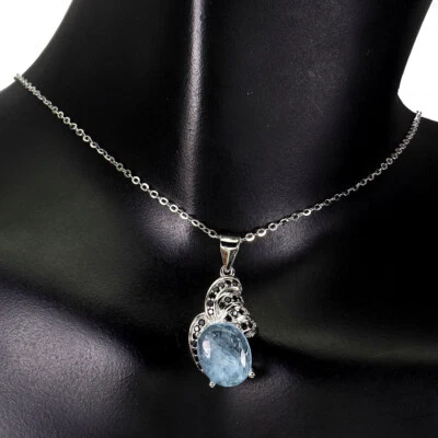 925 Argento Sterling Collana Ovale Acquamarina 10x8mm Spinello Gemma Gioielli - Immagine 1 di 4