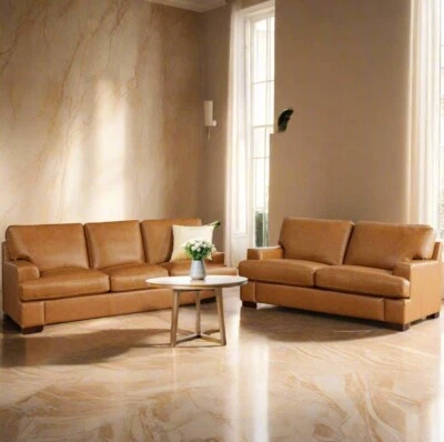 Juego de sofá rectangular moderno de mediados de siglo y asiento de amor de cuero genuino premium de 2 piezas Foto 1 de 4