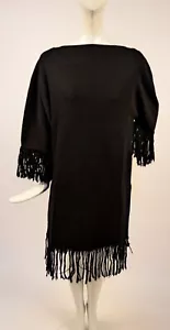 VINTAGE 1970’S BLACK WOOL DRESS W STRING FRINGE BY CATHAL PARIS MADE IN FRANCE - Picture 1 of 4