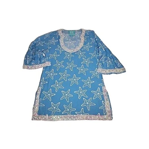 Top tunica donna Escapada XS blu con bordo bianco stelle marine perline manica a campana 3/4 - Foto 1 di 10