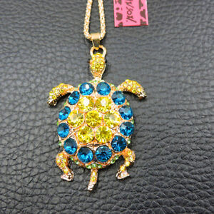Rhinestone Yellow Bling Turtle Crystal Pendant Betsey Johnson Chain Necklace