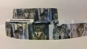 Grosgrain Ribbon, Beautiful Wolves Portraits in Snow Forest, Wolf Wild Dogs, 1" - Picture 1 of 1