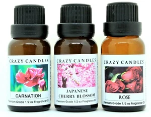 3 Oil Set Carnation, Japanese Cherry Blossom, Rose Premium 1/2oz Crazy Candles - Picture 1 of 1