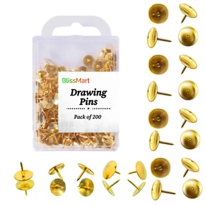 200 Strong GOLD COLOUR DRAWING PIN PACK Brass Head Push Pins Thumb Tacks BOXED - Picture 1 of 9