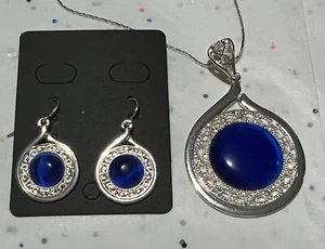 Lane Bryant 3 Piece Set Silver & Blue Fashion Necklace w Earrings - Picture 1 of 10
