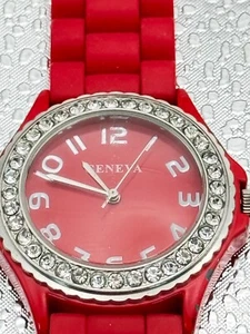 Geneva Quartz Watch – Red 37mm Silicone Band – Rhinestone Bezel – New Battery - Picture 1 of 7