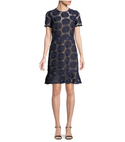 Nuovo abito da donna MICHAEL Michael Kors ricamato floreale vero blu navy taglia 8