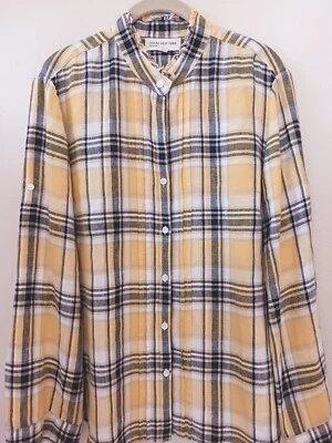 Jones New York XL 46" 100% Linen Yellow White Black Plaid Shirt Blouse Ruffle Co - Image 1 of 4