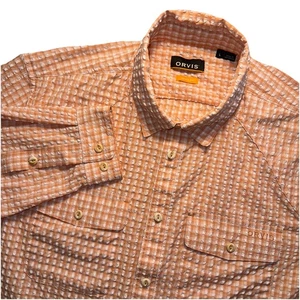 ORVIS Mens Active Fit Puckered Seersucker Orange White Check Roll Tab Shirt Sz L - Picture 1 of 8