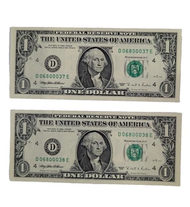 2 - 1995 One Dollar Bills Sequential Serial Numbers - Picture 1 of 2