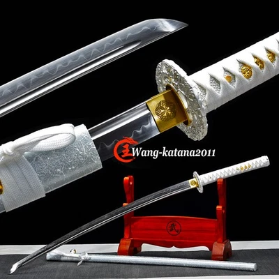 T10 Clay Tempered Silver Japanese Samurai Katana Sword Full Tang Dragon Tsuba - Image 1 of 4