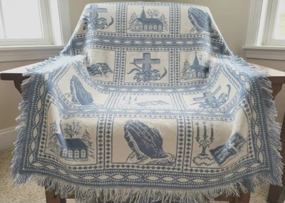 Cobertor de arremesso antigo religioso igreja cruz símbolo tecido tapeçaria franja 53"x44" - Imagem 1 de 4