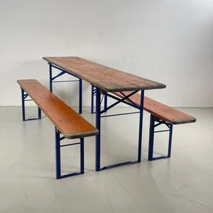 VINTAGE INDUSTRIAL GERMAN BEER TABLE BENCH SET GARDEN FURNITURE ORANGE BLUE LEGS - Picture 1 of 6