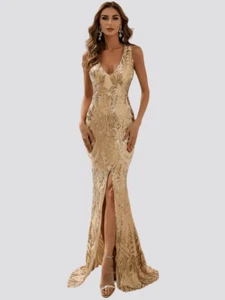 Miss Ord V Neck Split Mermaid Sequin Golden Evening Dress - Picture 1 of 7