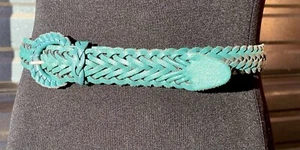 Cintura vintage donna S fatta a mano vera pelle intrecciata fibbia verde boho - Foto 1 di 4