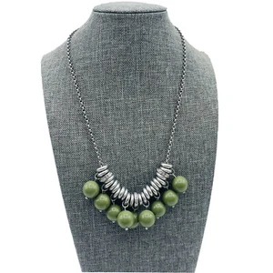 Lia Sophia  OFFBEAT $82 Matte Silver Necklace Army / Olive Green Beads & Crystal - Picture 1 of 3