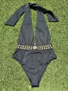 Versace Greca Border Halterneck Black Nero Gold Plunge Open One Piece Swimsuit 1 - Picture 1 of 11