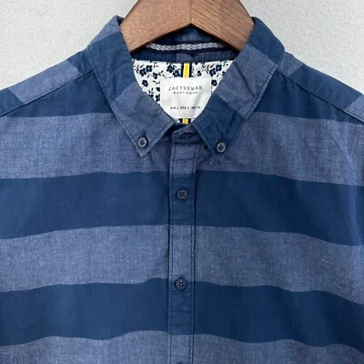 Cactus Man Roll Cuff Striped Shirt Short Sleeve Button Up Shirt Blue SZ L Preppy - Image 1 of 4