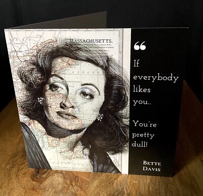 THE ART OF THE NORTH Bette Davis Inspired Greeting Card.Drawing on Map Of Massachusetts .Blank Inside