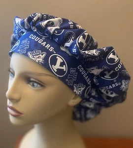 Bouffant or surgical scrub cap hat women made with BYU Brigham Young Fabric - Picture 1 of 4
