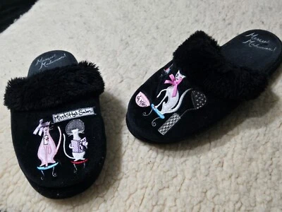 Isotoner Totes Size M 6.5 - 7.5 Slippers Meow Makeover Cushioned Black Plush Cat - Image 1 of 4