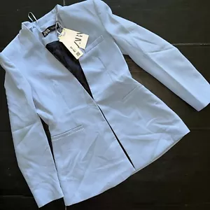 NWT Zara S,M BLAZER jacket LAPELLESS BUSINESS SUIT BABY POWDER BLUE - Picture 1 of 3