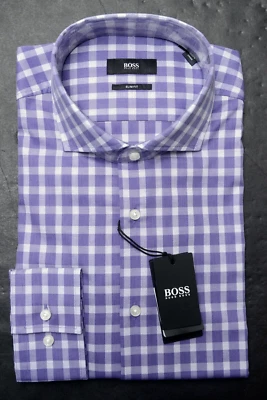 Camicia Da Uomo Hugo Boss Jason Slim Fit A Righe Viola Medie In Cotone 37 14.5 - Immagine 1 di 4