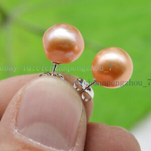 Genuine 10-11mm Round Natural Pink South Sea Real Pearl 14K Stud Earrings AAA