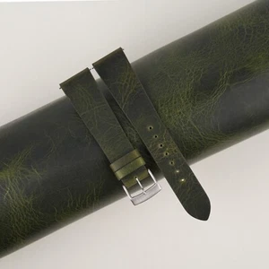 Vintage Olive New Waxed Leather Watch Strap Band 18mm 20mm 22mm - Picture 1 of 11