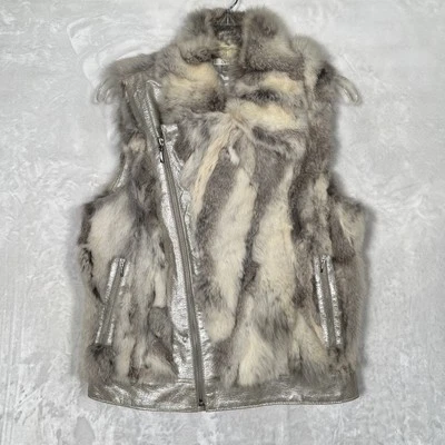 Cache Metallic Leather Trim & Rabbit Fur Vest Diagonal Zipper Coat Top Sz 4 - Image 1 of 4