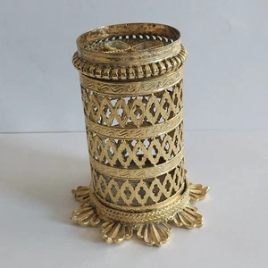 Vtg Filigree Gold Tone Metal Toothbrush Holder 4 Slots Tube Hollywood Regency - Picture 1 of 6